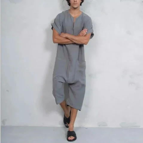 Dark Gray Мужской короткий льняной хлопковый комбинезон с v-образным вырезом, повседневный комбинезон, льняной свободный короткий рукав - Цвет: Dark Gray