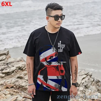 

Large size short-sleeved loose-fitting big man round neck printing plus size half-length sleeve T-shirt male black 6XL5XL