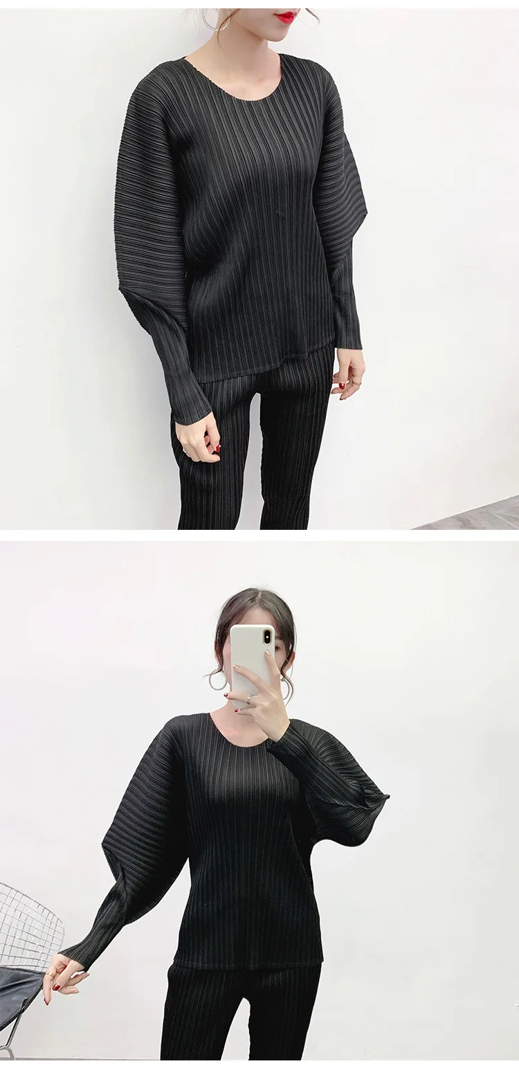 Японский стиль Miyake, классические топы, женская мода, новинка, зима, круглый вырез, рукав-фонарик, одноцветная футболка, плиссированная, высокое качество, рубашка
