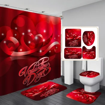 

Romantic Love Bathroom Set Valentine's Day Printing Waterproof Shower Curtain Toilet Cover Mat Non Slip Rug Home Decoration
