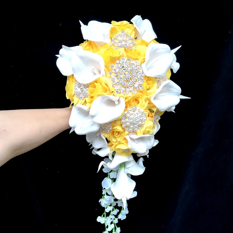 real-photo-new-arrival-gold-yellow-roseswhite-callalily-cascading-الزفاف-باقة-wedding-bouquet-ramo-de-novia