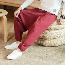 Мужские хлопковые льняные повседневные штаны в китайском стиле, осень, свободные шаровары, большие размеры, брюки с низким шаговым швом, Мужские штаны