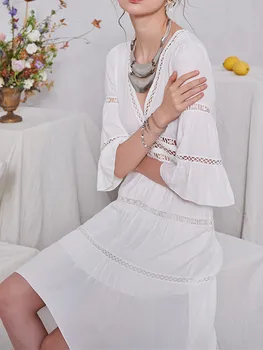 

Women's White Color Midi Dress V-neck Three Quarter Sleeve Asymmetry Elegant Hollow out Lady Long Dress 2020 New