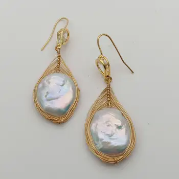 

Cultured White Coin Keshi Pearl Gold color Plated Handmade Hook Earrings