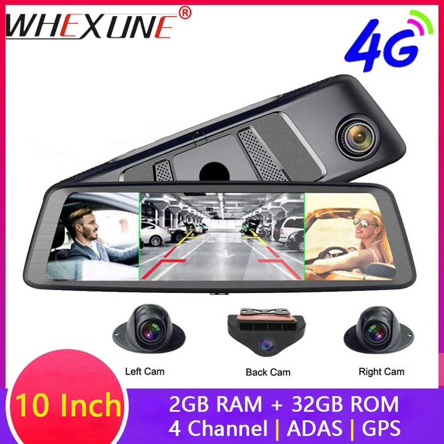 WHEXUNE 1" Автомобильный видеорегистратор ips сенсорный 4-канальный 4G ADAS Android Full 1080P видео регистратор зеркало заднего вида DVR камера 360 панорамный