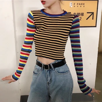 

Women Sexy Short Contrast Color Sweaters Stripes Exposure Navel Color matching Long Sleeve Knit Top Sweaters