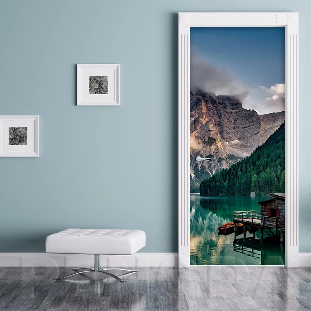 Self Adhesive Decal PVC Door Sticker Picture Snow Mountain Scenery Paper DIY For Living Room Waterproof 3D Print Art Home Decor - Цвет: Door LXR3456-04