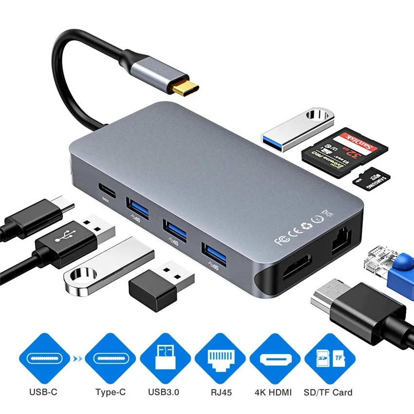 Конвертер Thunderbolt 3 type C USB C hdmi 4K 30 Гц USB3.0 концентратор Micro SD/TF кардридер RJ45 1000 Мбит/с PD зарядным адаптером - Цвет: Серебристый