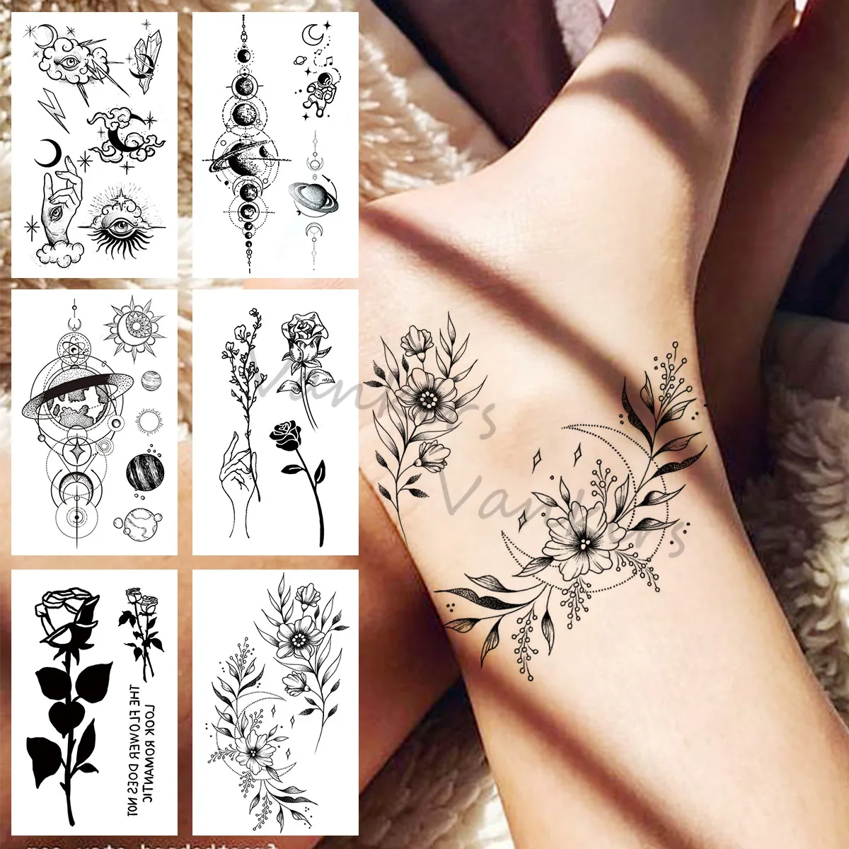 Tatuajes temporales de margaritas y Luna para mujeres y niñas, calcomanías  realistas de rosas, flores, dibujos animados, nubes, tatuajes falsos,  tatuajes creativos para brazos y piernas - AliExpress Belleza y salud
