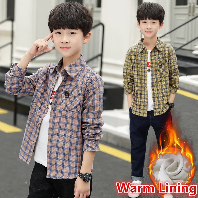 

Teenager Boy Warm Shirt for Children Autumn Winter Warm Plush Boys Plaid Shirts High Quality Cotton Warm Children's Blouse 4-13T