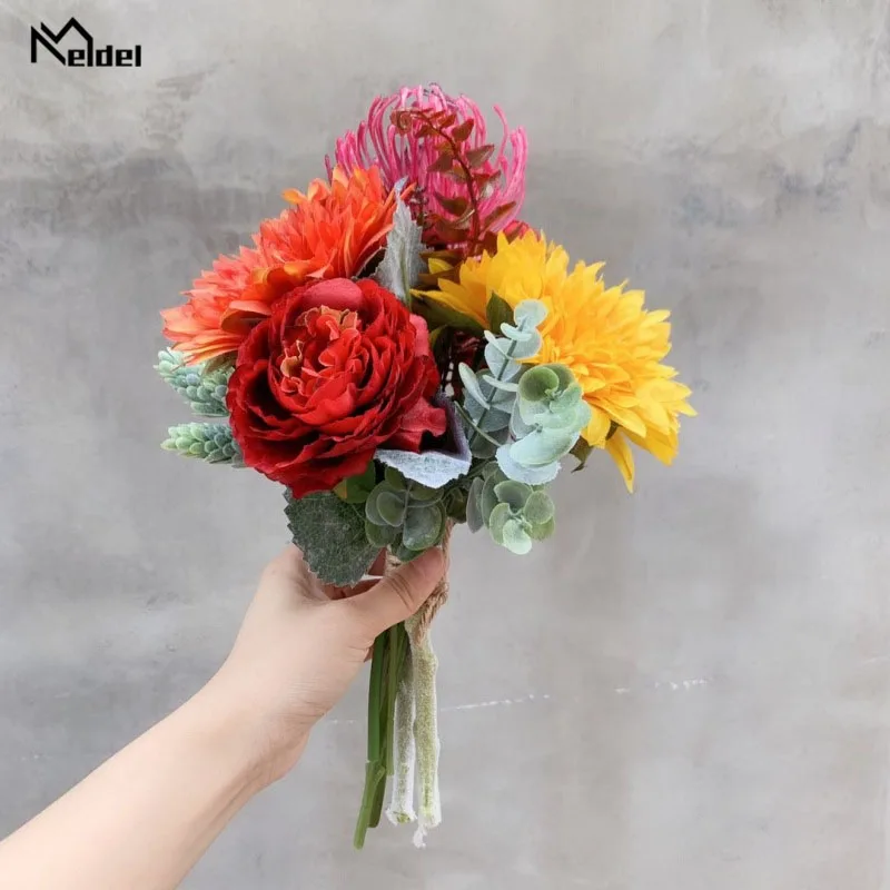 Meldel Свадебный букет Искусственный Шелковый цветок розы красный Leucospermum помпон Подсолнух свадебные принадлежности вечерние украшения для дома
