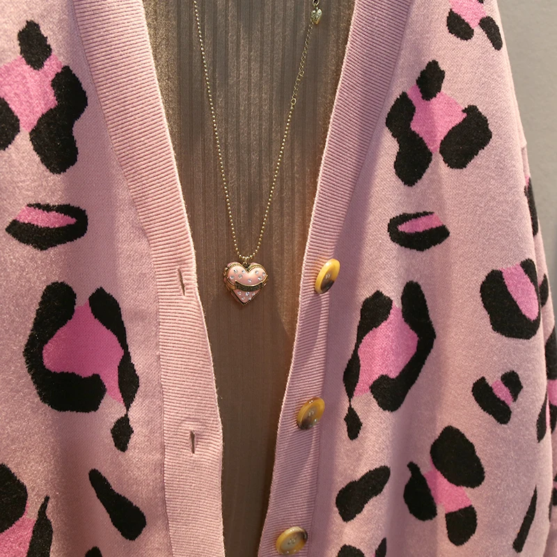 QING MO розовый женский свитер с леопардовым принтом, женский зимний Кардиган, пальто, Женский однобортный свитер с v-образным вырезом размера плюс ZQY2511