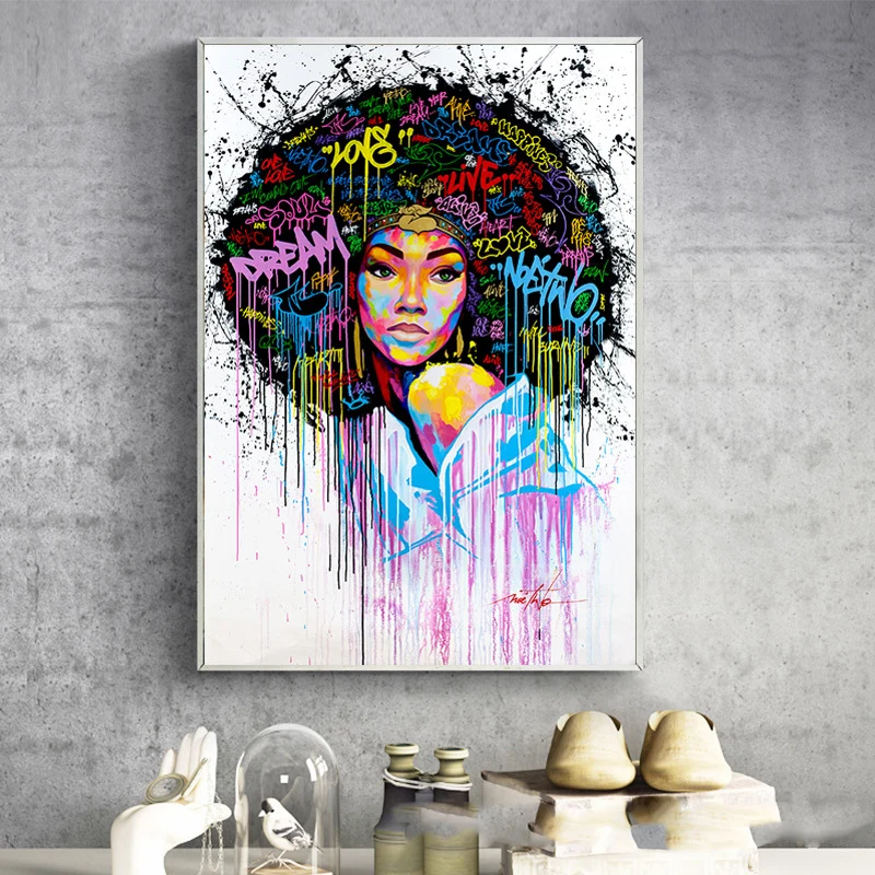 

Modern Graffiti Street African Women Oil Painting on Canvas Posters and Prints Cuadros Wall Art Pictures For Living Room