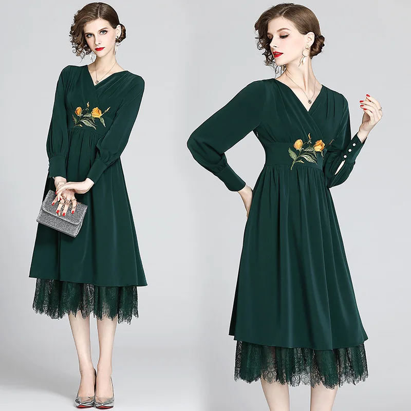 

Large Austrian WOMEN'S Dress Spring New Style Retro French Embroidered Industrial Dress Lace Joint Lantern Sleeve Fairy