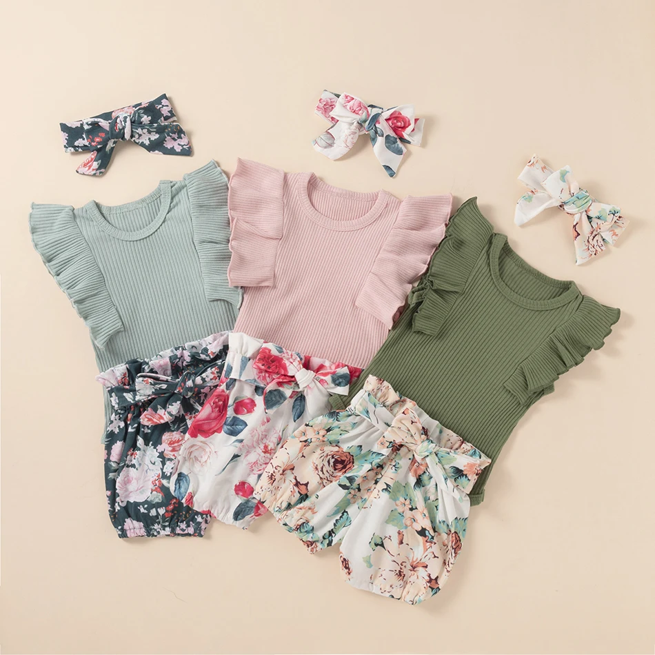 

Infant Newborn Baby Girls Clothes Floral Print 3 PCS Suits Romper Outfits Jumpsuit Baby Children's Clothing