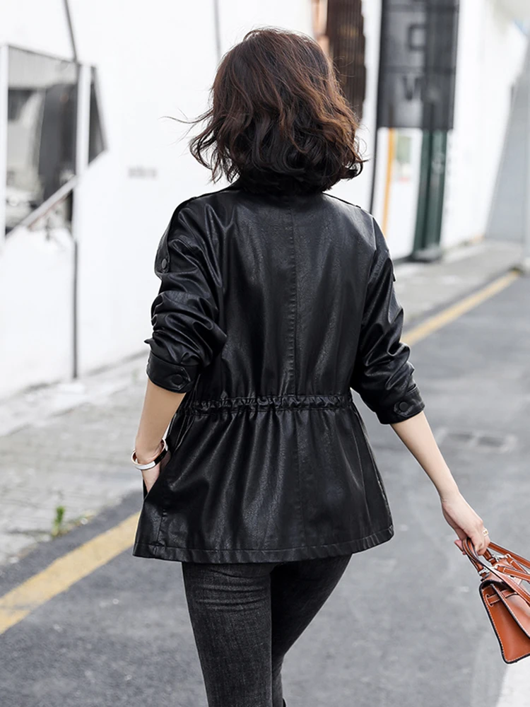 New Women Leather Jacket Spring Autumn 2024 Fashion Moto Biker Coat Drawstring Loose Sheep Leather Tops Sheepskin Trench Coat