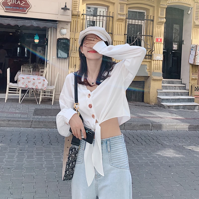 

MISHOW 2019 Autumn Soild Causal Blouse Women Vneck Long Sleeve Single Breasted Hem strap Design Shirt Tops MX19C4990