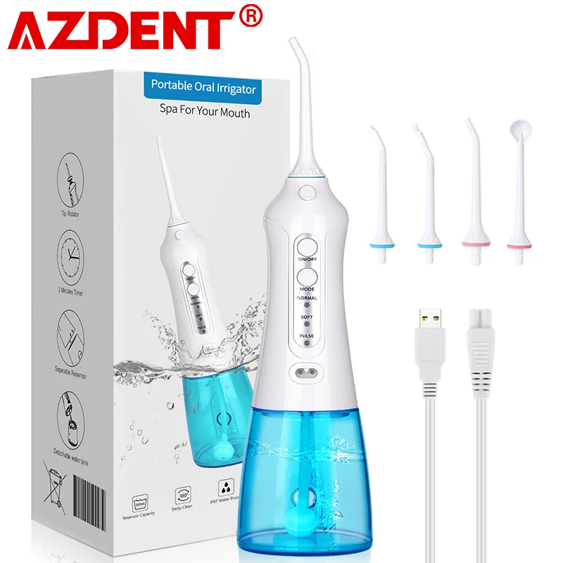 Azdent Newest Oral Irrigator USB Rechargeable Water Flosser Portable Dental Water Jet 300ML Water Tank Waterproof Teeth Cleaner