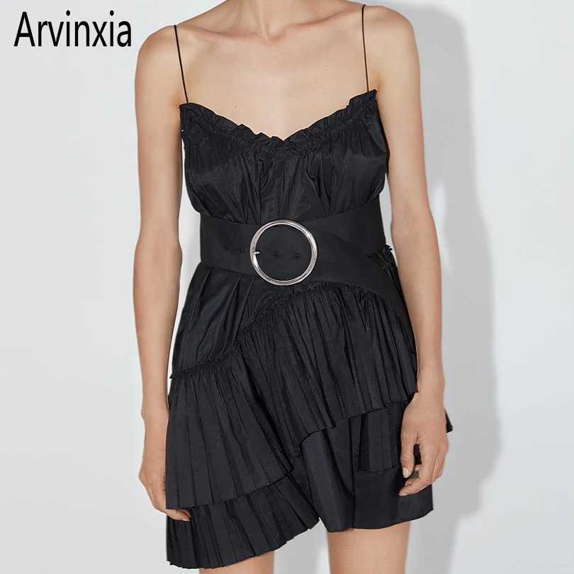 

Arvinxia ZA Casual Solid Spaghetti Strap Bow Tie Woman Dress New Adjustable Strap Lady Dresses Sexy Ruffles Backless Women Dress