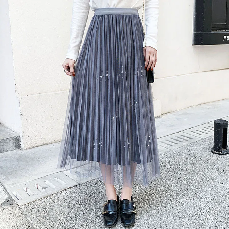Серая Черная Женская плиссированная юбка с бисером, Осень-зима, бархатная юбка средней длины с высокой талией, Женская юбка из тюля для школы