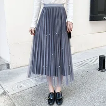 Серая Черная Женская плиссированная юбка с бисером, Осень-зима, бархатная юбка средней длины с высокой талией, Женская юбка из тюля для школы