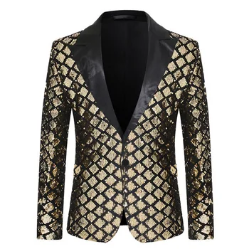 

New Design Mens Stylish Trellis Sequins Royal Blue Gold Black Pattern Suits Stage Singer Wedding Groom Tuxedo Costume