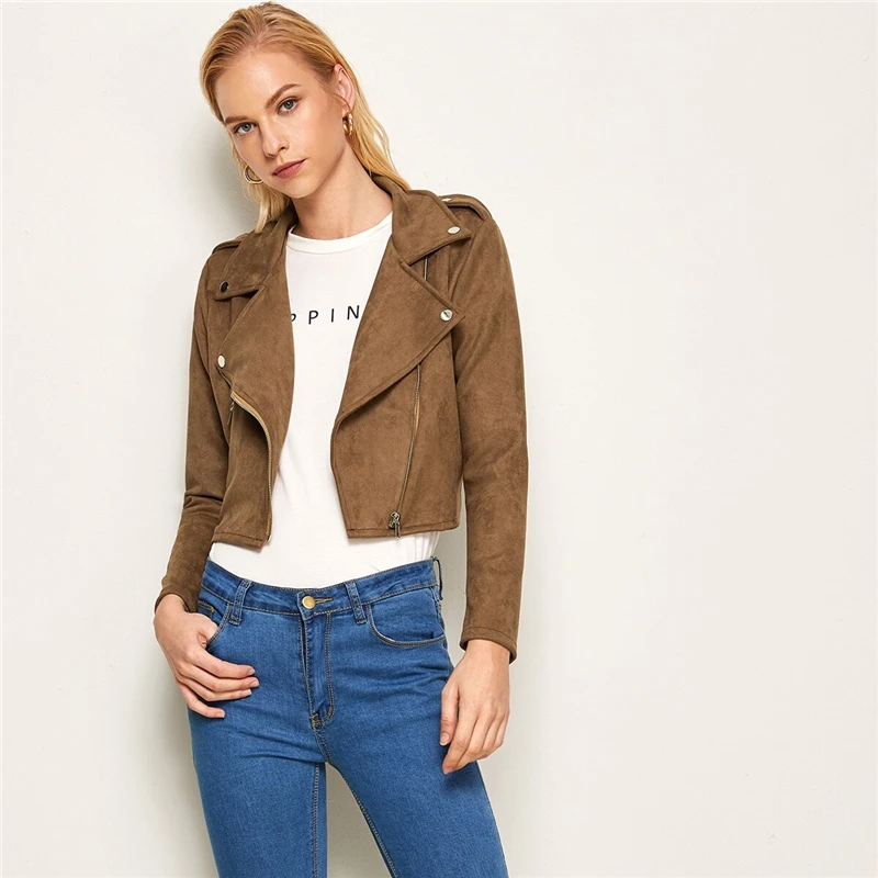 COLROVIE Brown Waterfall Collar Zipper Suede Biker Women Autumn Streetwear Ladies Crop Jackets Solid Casual Outerwear