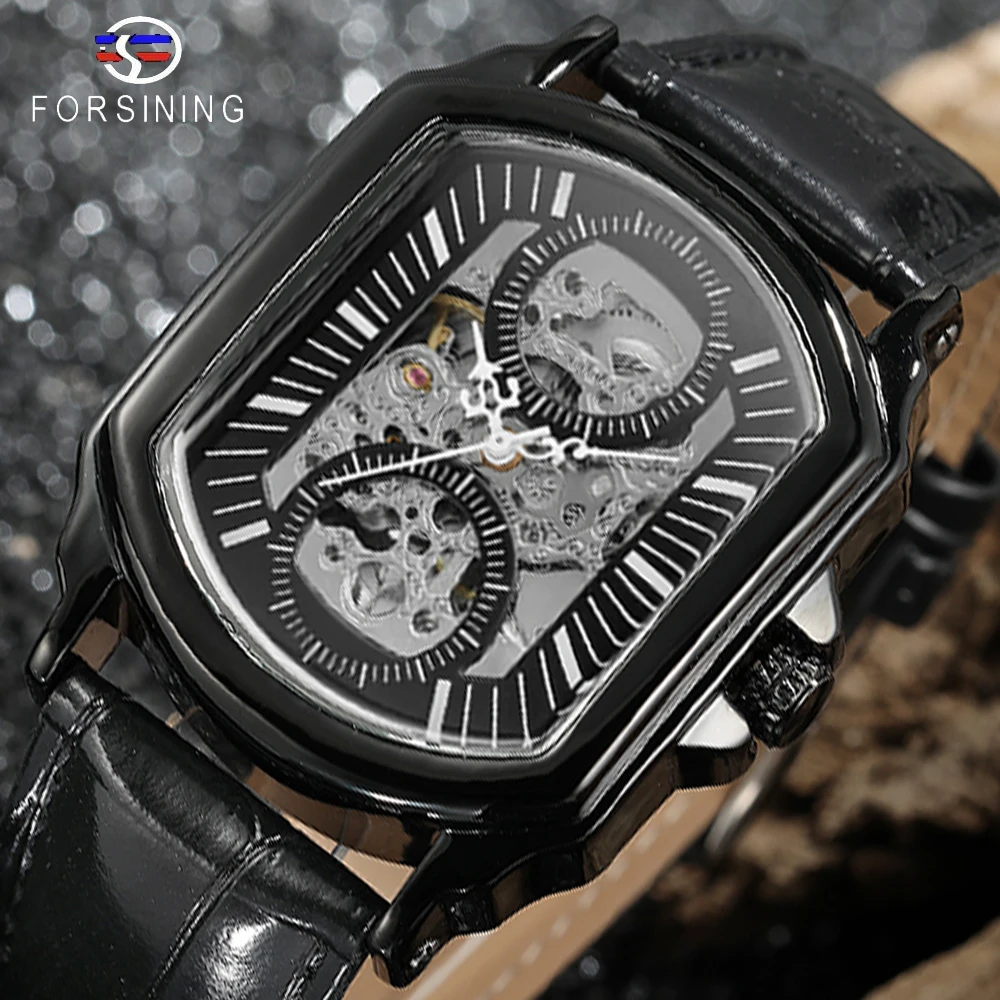 

Forsining 2019 Black Display Openwork Clock White Hands Unique Two Small Circle Design Men's Automatic Watches Top Brand Luxury
