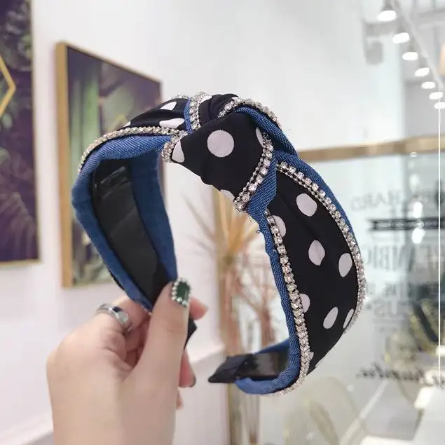 Корейский Модный черный белый горошек джинсовая ткань широкие резинки для волос для женщин модные аксессуары для волос горный хрусталь повязки для волос Головные уборы