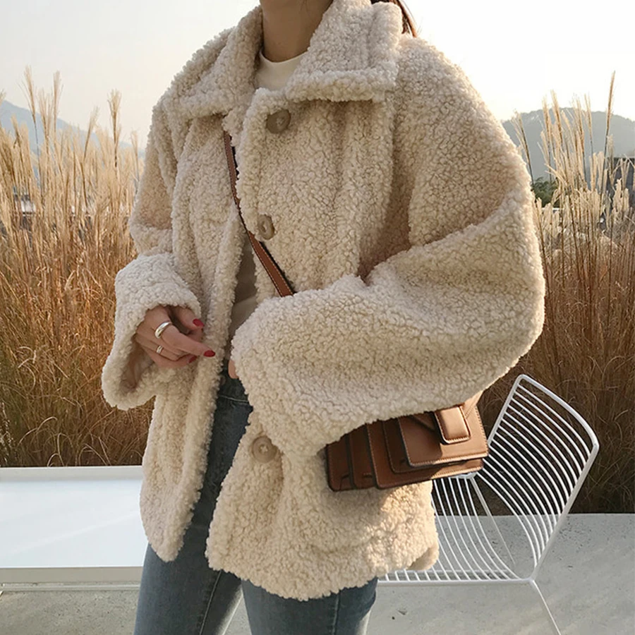 wonderful  Solid Faux Lamb Winter Jackets Women Korean Single-Breated Thicken Jacket Coats Female Harajuku Par