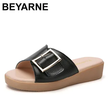 

BEYARNE Fashion buckle house slippers Ladies slippers women beach slippers Beach thongs genuine leather platform thongs Tong