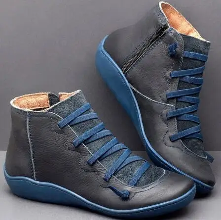 Женская обувь; botas mujer; женские зимние винтажные плюшевые ботильоны из искусственной кожи с перекрестными ремешками в стиле панк; женские полусапожки; женская обувь на плоской подошве - Цвет: Синий
