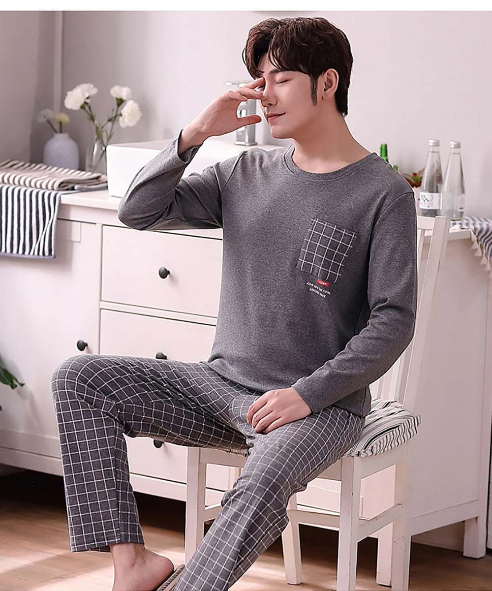 Cotton Men's Thin Pajama Fashion Plaid Pijama Sets Spring Autumn Casual Long Sleeve Sleepwear Soft Comfortable Pajamas for Men mens lounge wear