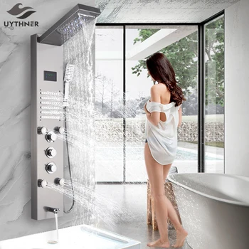 

Uythner Luxury Brushed Nickle Bathroom Shower Faucet LED Shower Panel Column Bathtub Mixer Tap W/Hand Shower Temperature Screen