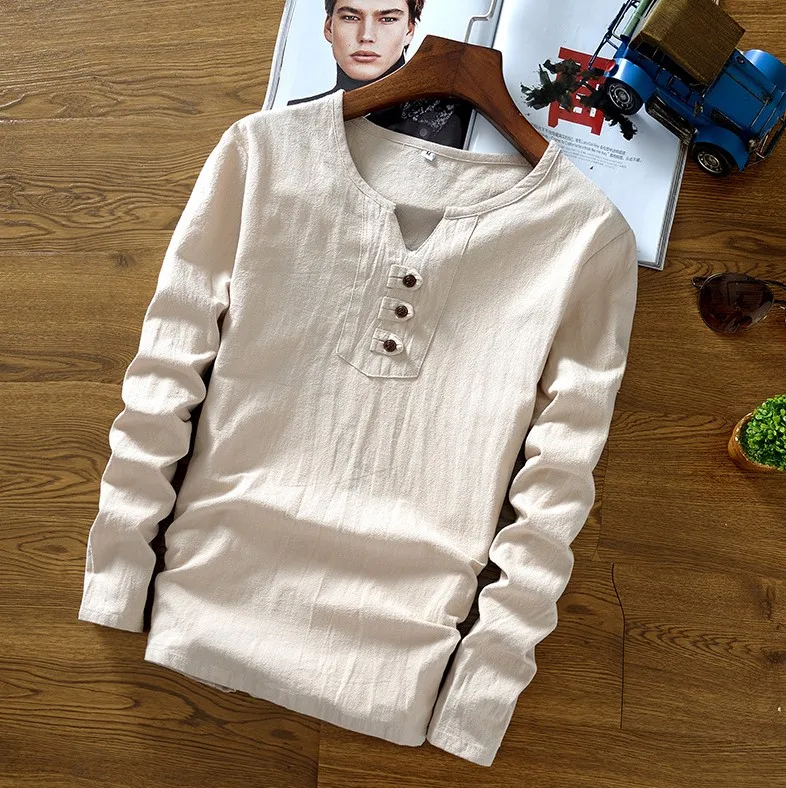 khaki-3 button Мужские льняные хлопковые рубашки с длинным рукавом размера плюс 5XL осень зима v-образный вырез над размером нижнее белье китайский стиль черный хаки топы тройники - Цвет: khaki-3 button