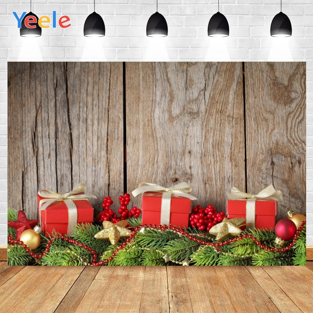 

Yeele Merry Christmas Red Gifts Cute Balls And Fruits Wood Background Photophone Photography Backdrops for Decor Customized Size