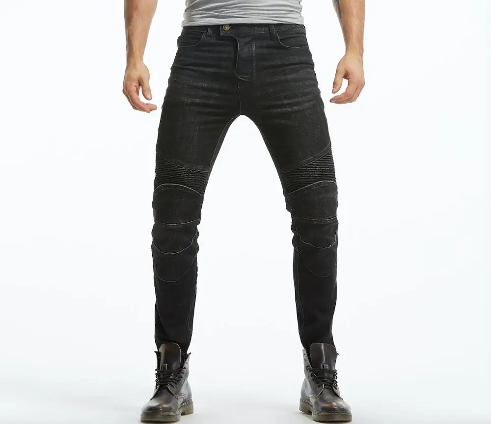 Мужские мотоциклетные стильные эластичные потертые грязные джинсы для верховой езды, Узкие повседневные штаны с протектором - Цвет: Black