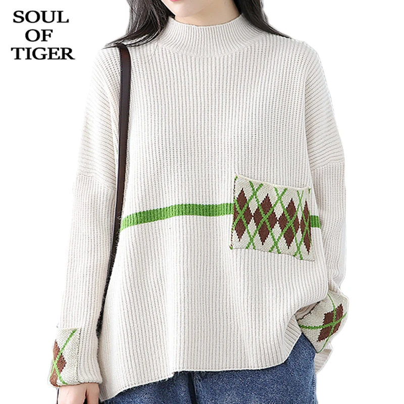 

SOUL OF TIGER Winter Fashion Korean Ladies Clothes Womens Printed Sweaters Casual Pullovers Female Turtleneck Knitted Knitwear