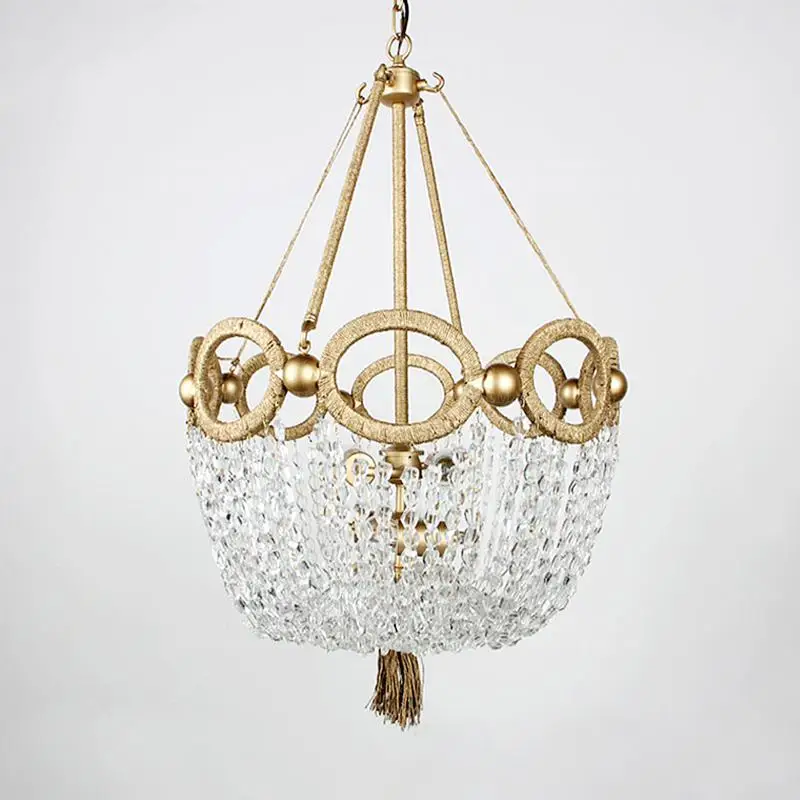 Золотой и хрустальный светильник люстра из пеньковой веревки подвесной кухонный