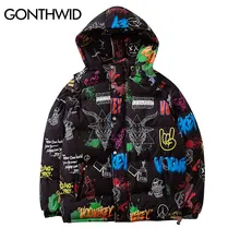 GONTHWID/куртки с капюшоном в стиле хип-хоп, граффити, козья краска, уличная одежда, зимняя Толстая Повседневная парка с хлопковой подкладкой, куртка, пальто, топы
