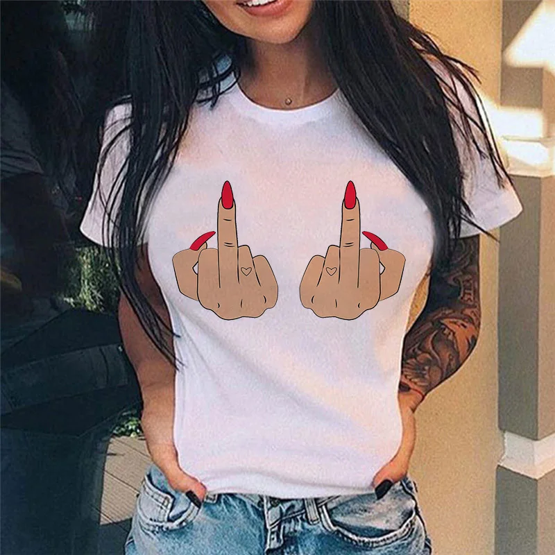 Summer New Fashion Middle Finger Chest  Graphic Printed  Round Neck  T Shirt  Casual Simple Women Tee Tops off white t shirt