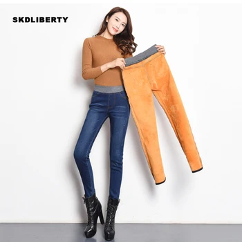 

Women Mom Skinny Jeans Mujer 2019 Fashion Female Plus Velvet Elastic High Waist Winter Keep Warm Casual Pants For Women Trousers