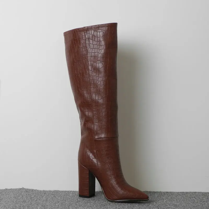 Botas Altas Hasta La Rodilla De Banda Botas De Punta Puntiagudas De Mujer Botas Largas De Heel Grueso Negro Albaricoque коричневый