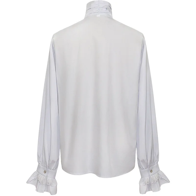White Cotton & Lace Ruffles Stand Collar Lantern Sleeve Medieval Party Wear Vintage Shirt Men Gothic Clothes Victorian Top Male
