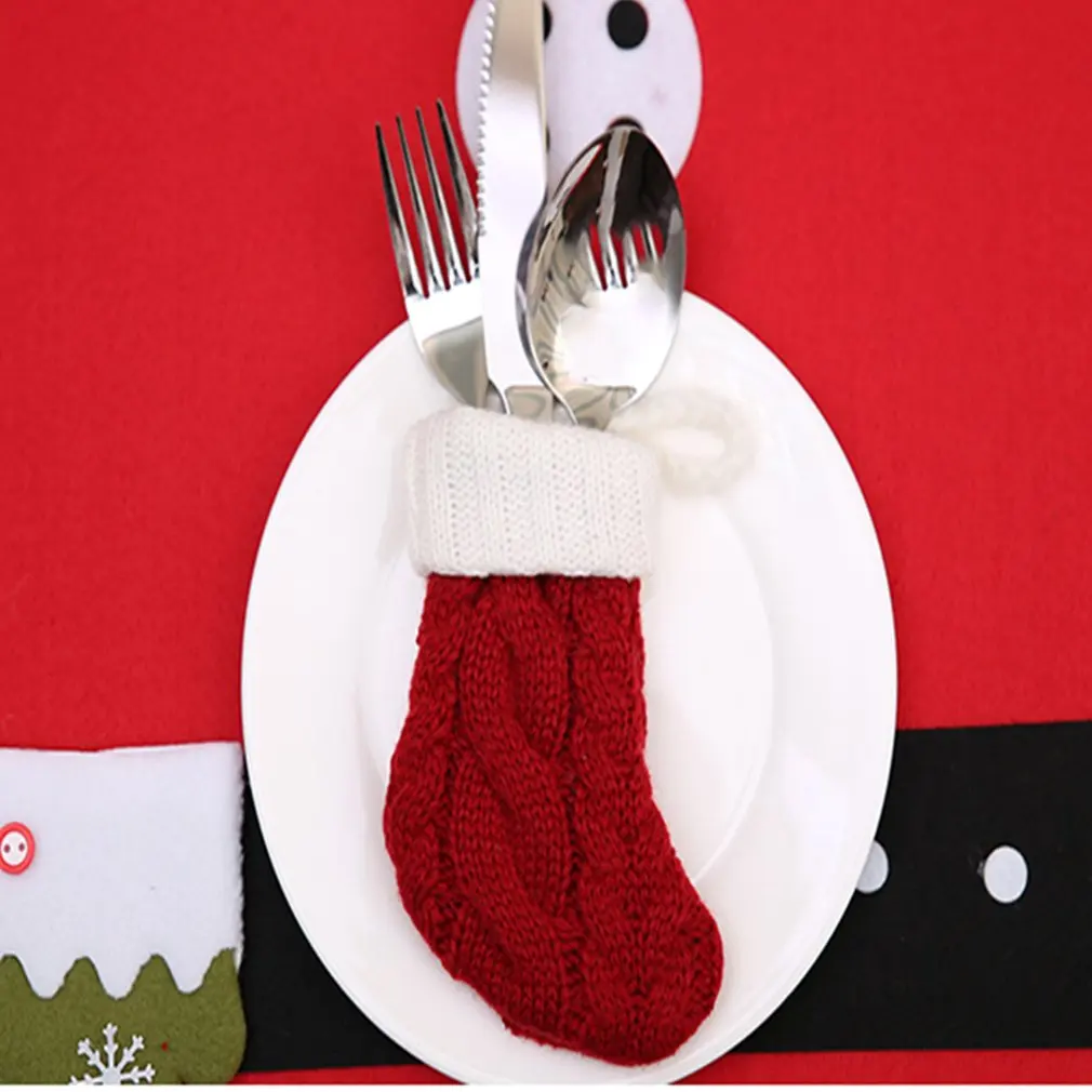 Красный носок фигурные кухонные аксессуары нож вилка крышка сумки вязаные рождественские чулки носки держатель столовых приборов украшение для рождественской вечеринки