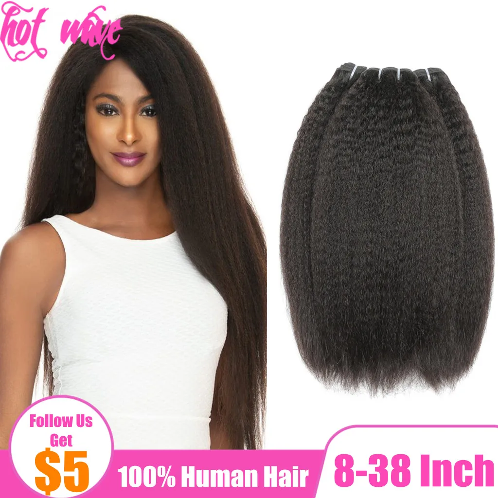 

Hot Wave 8-38 Inch Brazilian Human Hair Weave Bundles Extension for Women Natural 1B Black Color Kinky Straight Weft YAKI Non