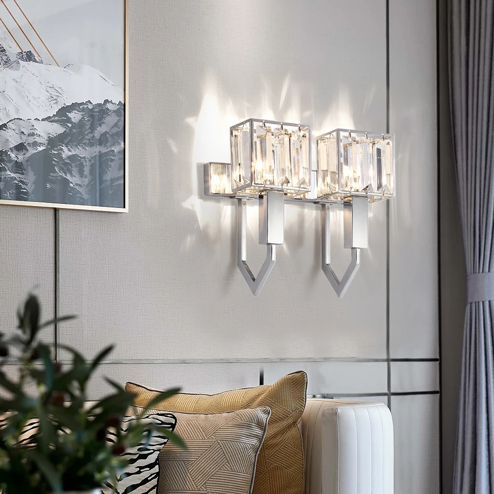 

Postmodern chrome wall light single/double lights for home square clear crystal lampshade wall sconce lamp