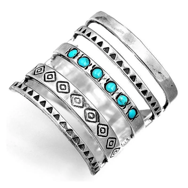 Silver Ring Vintage Bohemian Women's 925 Sterling Silver Multilayer Hollow Turquoise Ring Band Exquisite Engagement Wedding Rings