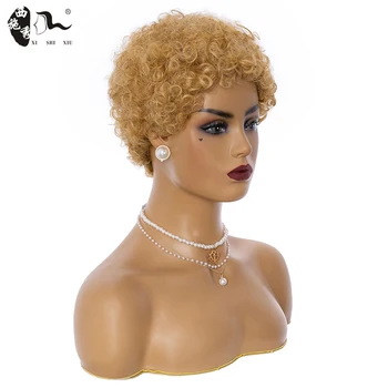 

Blonde Brown Burg Color Short Wavy Bob Pixie Cut Non Lace Front 95% Human Hair Wigs With BangsFor Black Women IndianXISHIXIUHAIR