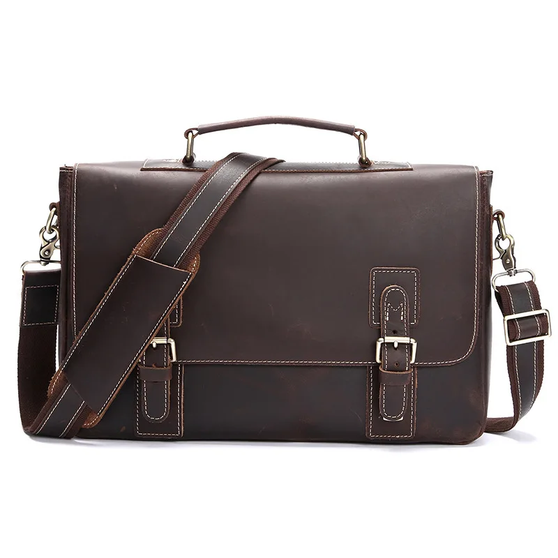 

New Vintage Crazy Horse Leather Men's Briefcase Laptop Bag Business Bag Genuine Leather Briefcase Men Shoulder Bag Crossbody bag